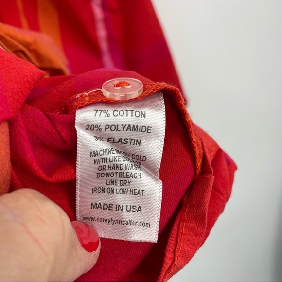 Corey Lynn Calter MACY bow Tie Shoulder plaid top blouse poplin red orange XS - Picture 4 of 6